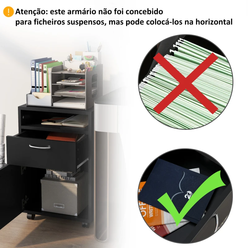 HOMCOM Bloco de Gavetas de Escritório com Armário e Gaveta Móvel Arquivador com Rodas Suporte para Impressora 40x35x60 cm Preto