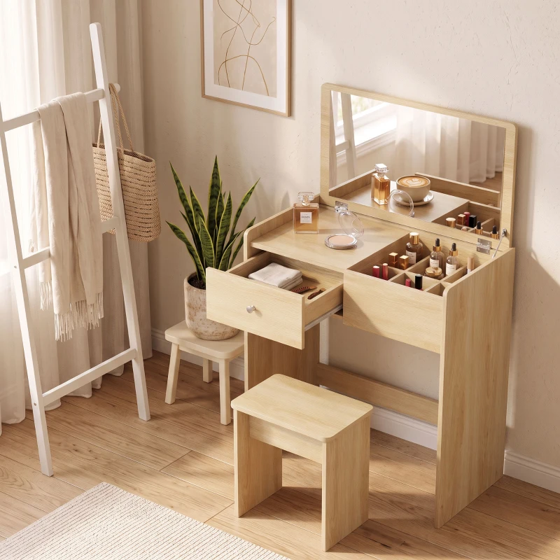 HOMCOM Tocador con Espejo Abatible y Taburete Mesa de Maquillaje con Cajón y 6 Compartimentos 81x40x117 cm Roble