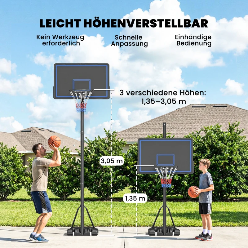SPORTNOW Basketballkorb Outdoor 135-305cm Höhenverstellbar Basketballständer mit 110x70cm Rückwand 2 Rädern & Sandsack Mobile