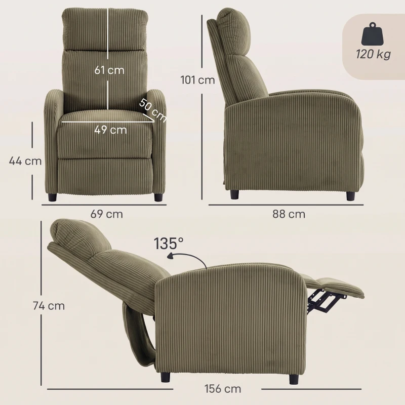 HOMCOM Sillón Relax Reclinable de Pana hasta 135° Reposapiés Respaldo Alto Acolchado Grueso Montaje Fácil Verde Oscuro