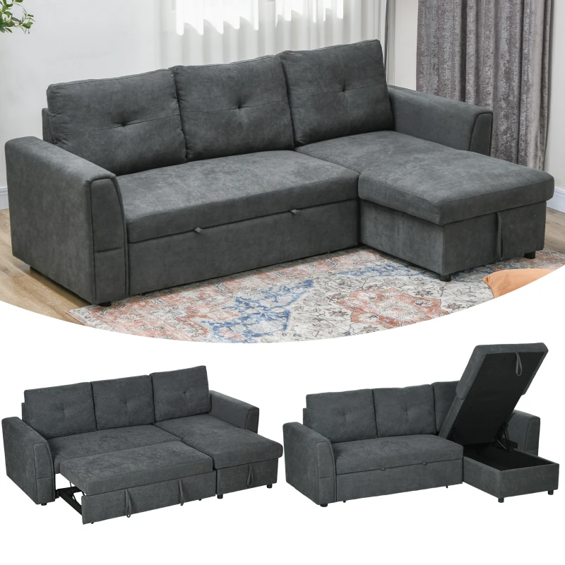 HOMCOM 3-Sitzer-Sofa mit Bettfunktion, Schlafsofa mit Chaiselongue, Polstersofa, Dunkelgrau
