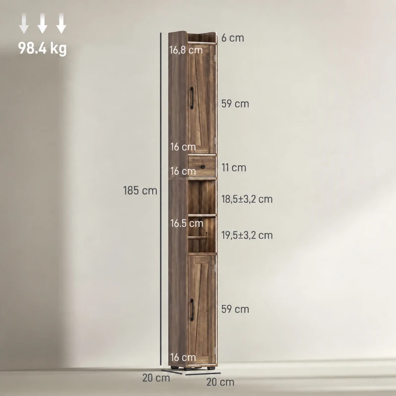 HOMCOM Coluna de Casa de Banho com 2 Portas, Compartimento Aberto, Prateleiras Ajustáveis e Suporte para Papel Higiénico, 20x20x185 cm, Castanho Acinzentado