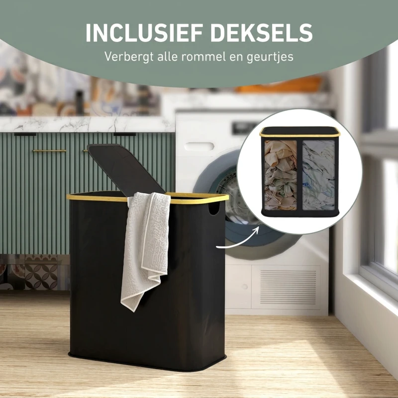 HOMCOM Dubbele wasmand met deksel, 80L opvouwbare wasverzamelaar met handgrepen