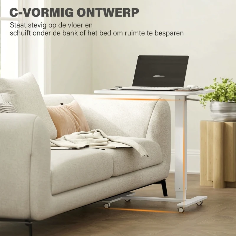 HOMCOM Sta-bureau In Hoogte Verstelbaar met 4 Wielen C-Vorm 65 cm x 48 cm x 70-110 cm Wit