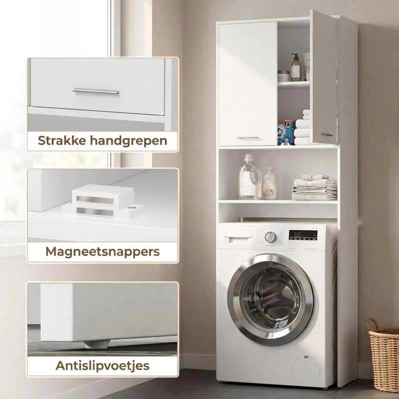 HOMCOM Kast voor boven de wasmachine, hoge badkamerkast met 2 deuren en open vak, 66 x 24 x 191 cm, wit
