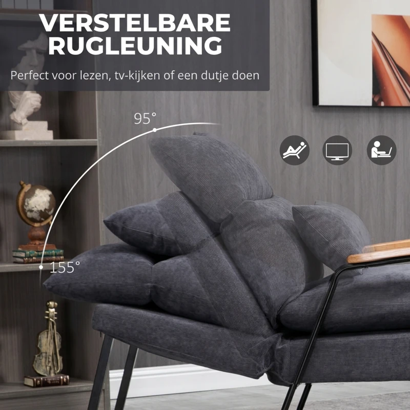 HOMCOM oorfauteuil met kruk, fauteuil met verstelbare rugleuning, grijs