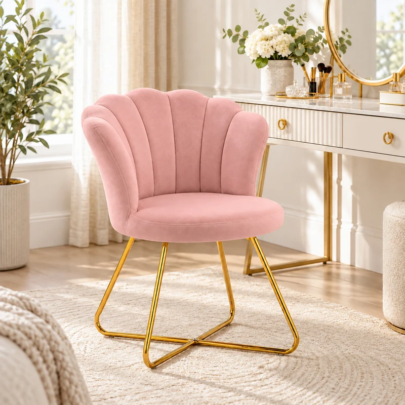 HOMCOM Polsterstuhl, Akzentstuhl mit Rückenlehne im Lotus-Design, Metallbeine, Rosa