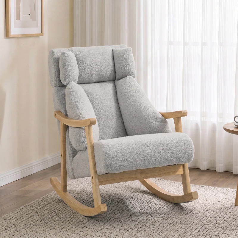 HOMCOM Mecedora Tapizada de Borreguito con Reposacabezas Ajustable y Patas de Madera 65x98x88 cm Gris Claro