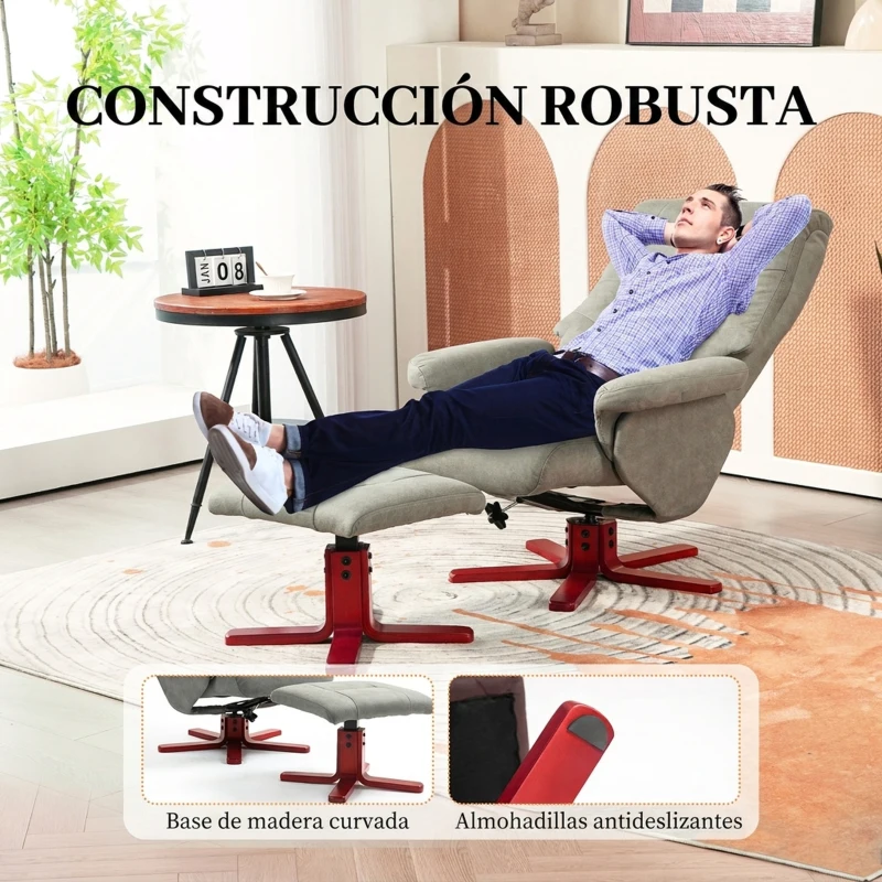 HOMCOM Sillón Relax Reclinable con Reposapiés Tapizado en Tejido Técnico Marco de Madera  Función Basculante Gris