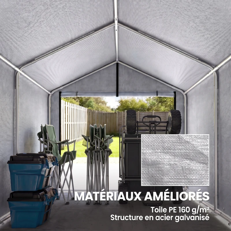 Outsunny Abri de jardin tente de stockage imperméable porte enroulable, pour bois outils 162x221,5x163cm, gris clair