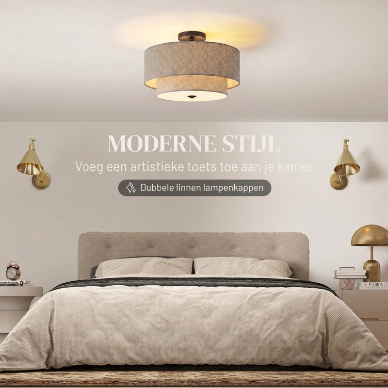 HOMCOM Plafondlamp met dubbele lampenkappen in linnen look, taupe