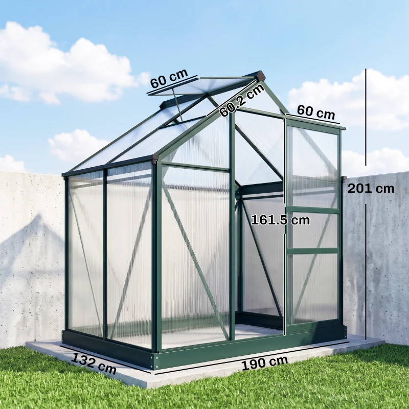 Outsunny 6 x 4ft Polycarbonate Greenhouse, Large Walk in Green House with Slide Door and Window, Garden Plants Grow House with Aluminium Frame and Foundation, Dark Green