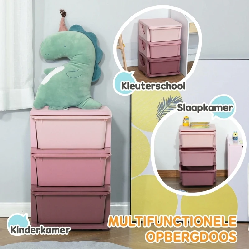 HOMCOM kinderzitbank met opbergruimte kistbank speelgoedkist met schuiflades drie niveausSpeelgoedopbergbox voor de kinderkamer 3-6 jaar kindermeubel roze 37 x 37 x 56,5 cm