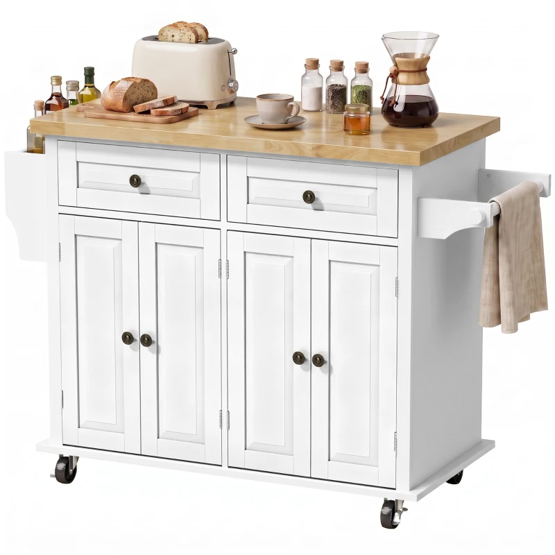 HOMCOM Isla de Cocina con Ruedas Mueble Auxiliar de Cocina con Especiero y Barra Lateral 111x44,5x82,5 cm Blanco