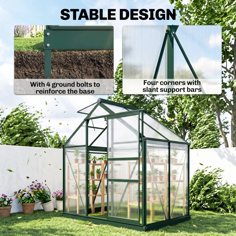 Outsunny 6 x 4ft Polycarbonate Greenhouse, Large Walk in Green House with Slide Door and Window, Garden Plants Grow House with Aluminium Frame and Foundation, Dark Green