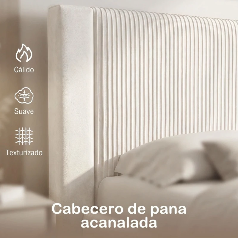 HOMCOM Cama Tapizada 140x200 cm con Cabecero Acolchado y Cajón Almacenaje Láminas de Madera Fácil Montaje Beige