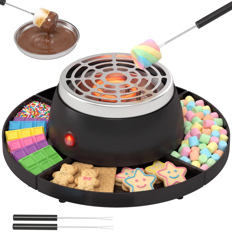 HOMCOM 2-w-1 S'mores-Maker i zestaw do fondue czekoladowego Elektryczny bezpłomieniowy z 4 widelcami do pieczenia, 4 zdejmowanymi tacami na imprezę