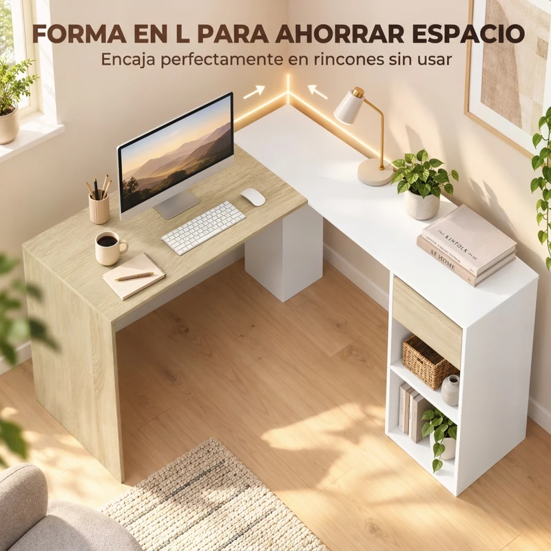 HOMCOM Escritorio Esquinero en L de 120x110 cm con Cajón y 2 Estantes para Oficina en Casa Estudio Blanco y Natural