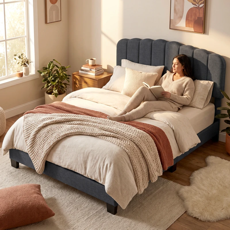 HOMCOM Cama Tapizada Doble 160x200 cm con Cabecero Acolchado Ajustable Láminas de Madera Fácil Montaje Gris Oscuro