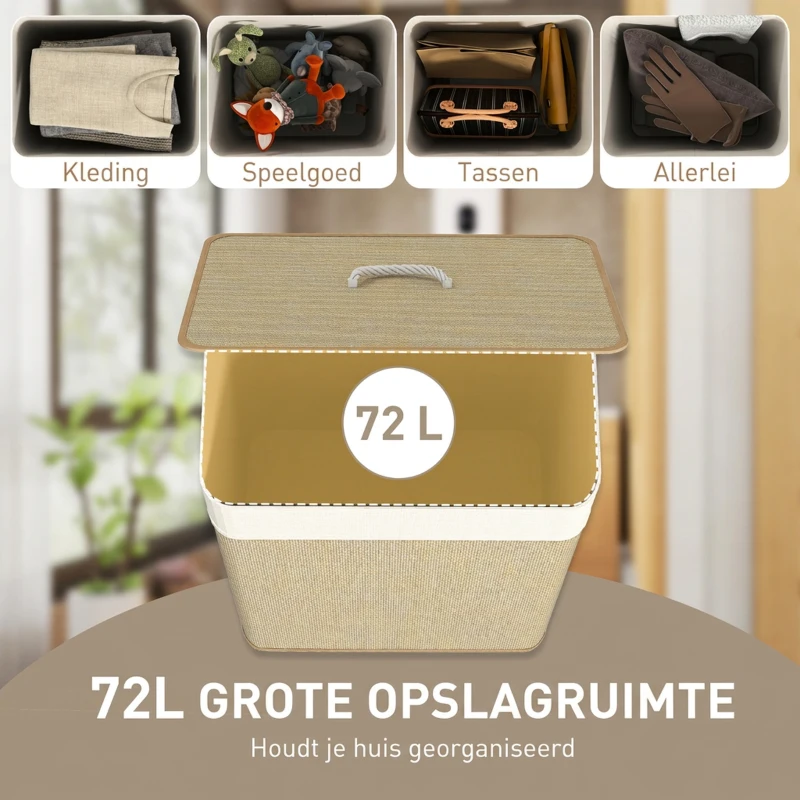 HOMCOM Bamboe Wasmand met Deksel 72L, Wasverzamelaar met Bamboegrepen en Uitneembare Waszak, Naturel