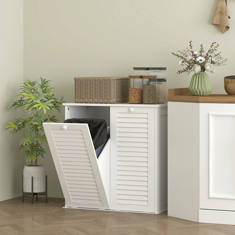 HOMCOM Mueble Ropa Sucia de Baño 2 Compartimentos y Puertas de Lamas para Cocina Salón Lavandería 70x38x73 cm Blanco