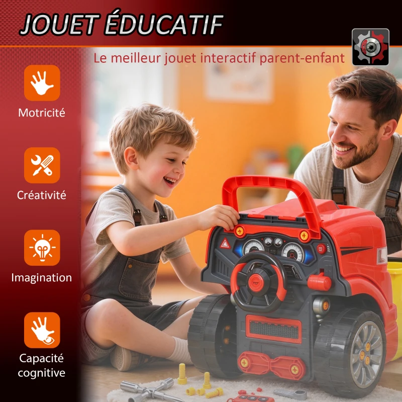 HOMCOM Camion mécano 2 1 - Jouet Bricolage Enfant - Établi - Jeu imitation mécanicien - Nombreux PP ABS Rouge(m-7)