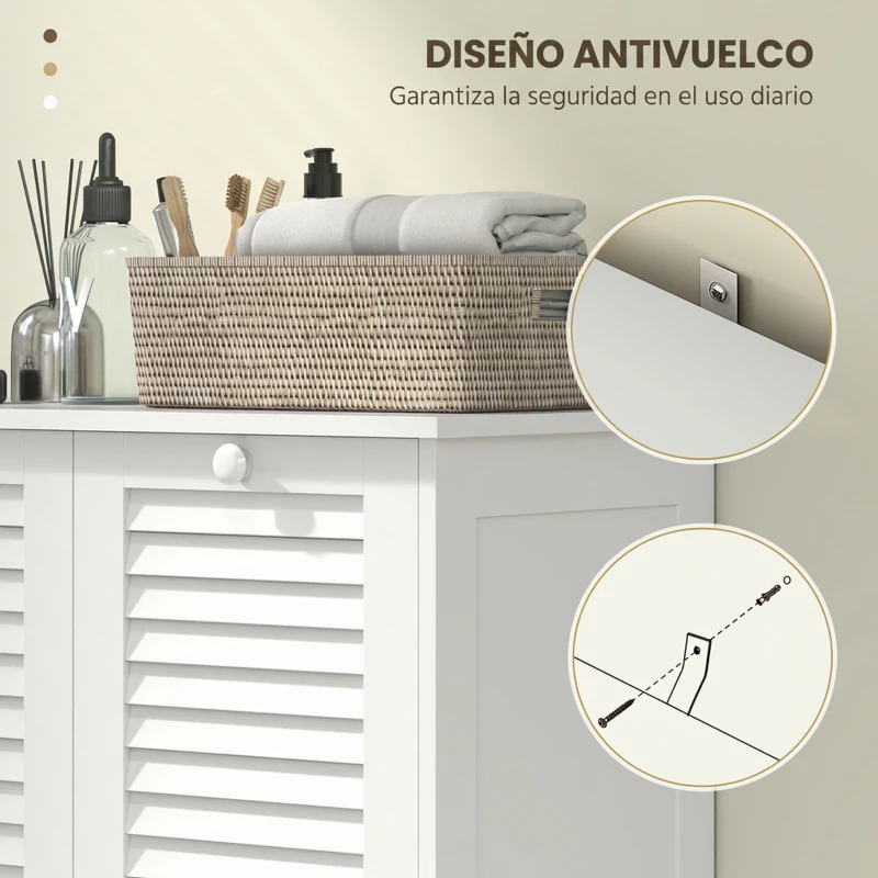 HOMCOM Mueble Ropa Sucia de Baño 2 Compartimentos y Puertas de Lamas para Cocina Salón Lavandería 70x38x73 cm Blanco