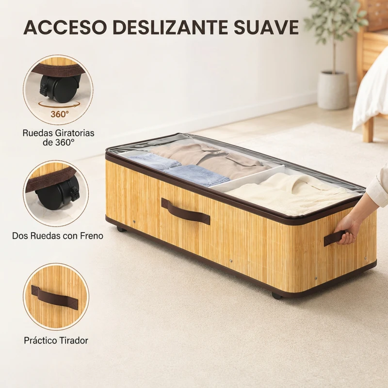 HOMCOM Juego de 2 Cajas de Almacenaje Bajo Cama con Ruedas 72L Tapa Transparente y Asa Marco Metálico 78,5x43x23 cm Natural