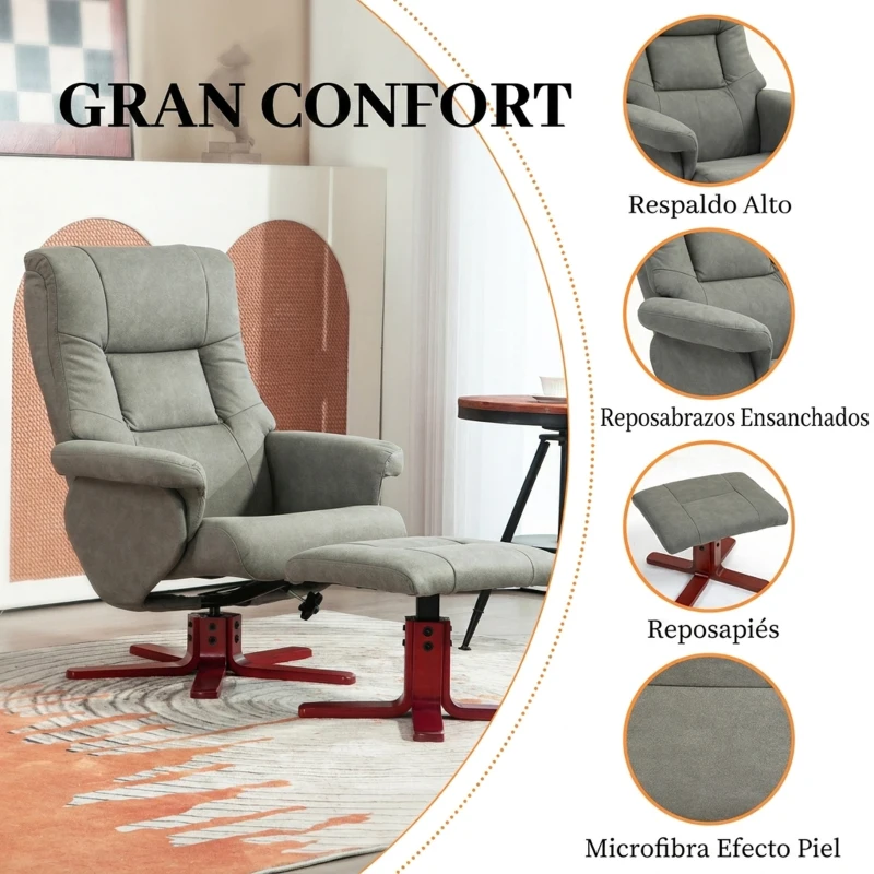 HOMCOM Sillón Relax Reclinable con Reposapiés Tapizado en Tejido Técnico Marco de Madera  Función Basculante Gris