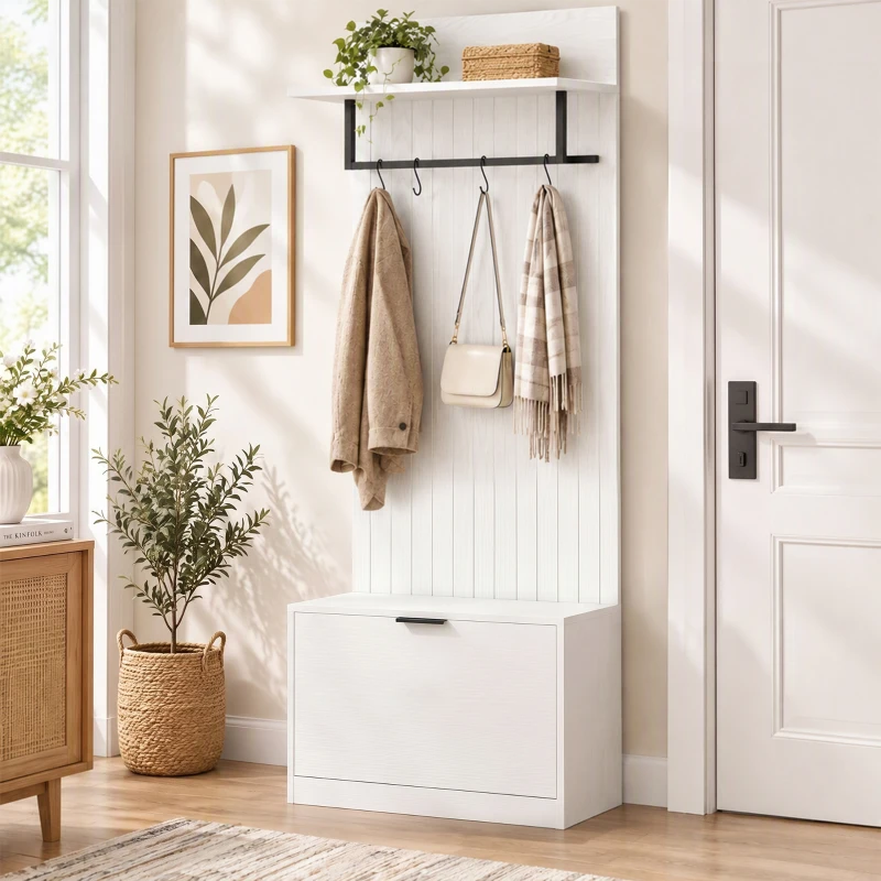 HOMCOM Perchero 5 en 1, Mueble de Entrada, Banco para Zapatos, Cajón Abatible, Estantes Ajustables, 4 Ganchos, Blanco
