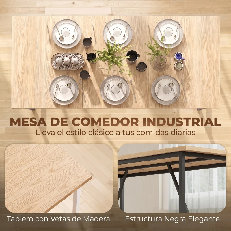 HOMCOM Mesa de Comedor Rectangular para 6 Personas Estilo Industrial con Estructura Metálica 180x80x76 cm Roble