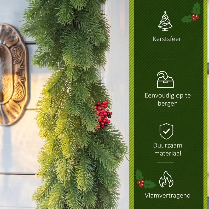 HOMCOM 1,9M kunstkerstslinger bloemdecoratie met dennenappels bessen kerstslinger spar voor trappen haard PE groen 190 x 12 x 8 cm