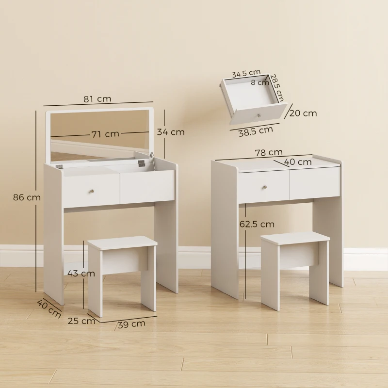 HOMCOM Vanity Desk with Mirror Dressing Table Drawer Set 6 Compartments Storage Stool White