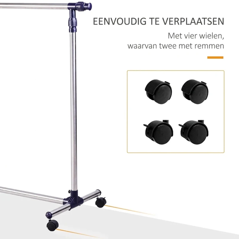 HOMCOM® garderobestandaard RVS kapstok oprolbaar in breedte en hoogte verstelbaar