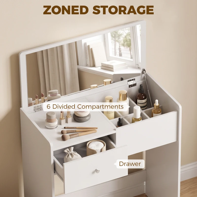 HOMCOM Vanity Desk with Mirror Dressing Table Drawer Set 6 Compartments Storage Stool White