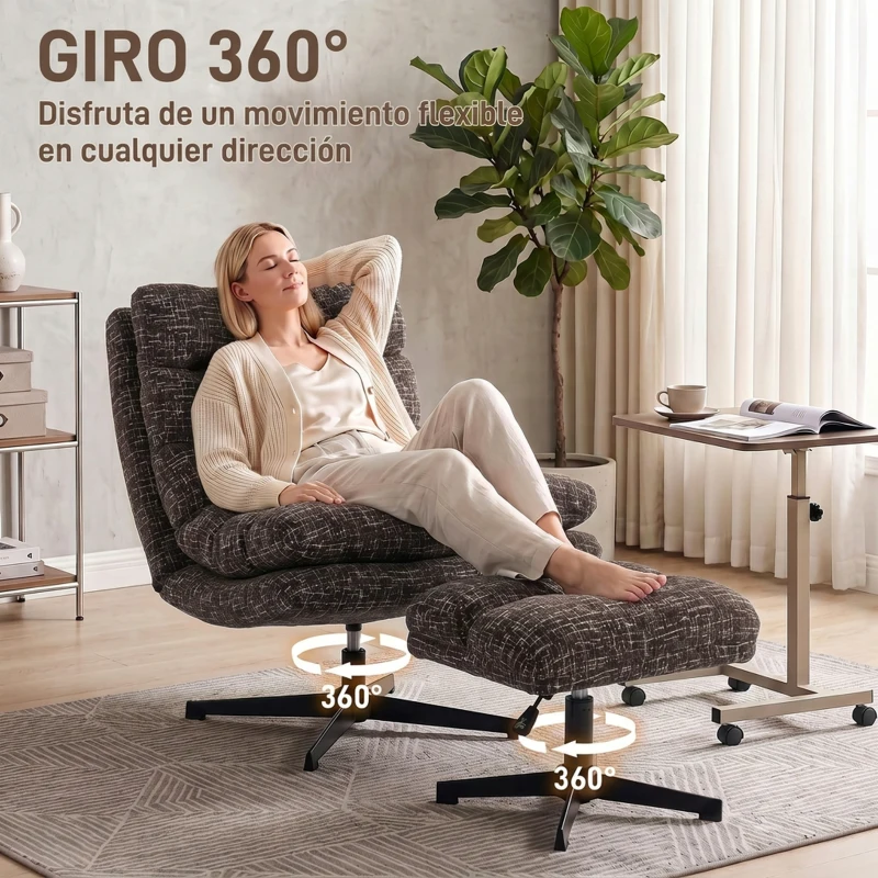 HOMCOM Sillón con Reposapiés de Altura Ajustable Sillón Lectura Giratorio 360° de Chenilla Asiento Ancho Acolchado Grueso Gris