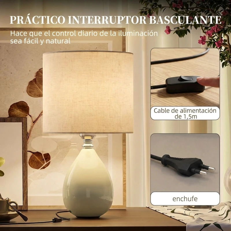 HOMCOM Lámpara de Mesa Vintage Lámpara de Mesita de Noche con Base de Cerámica Pantalla de Lino Interruptor Basculante Crema