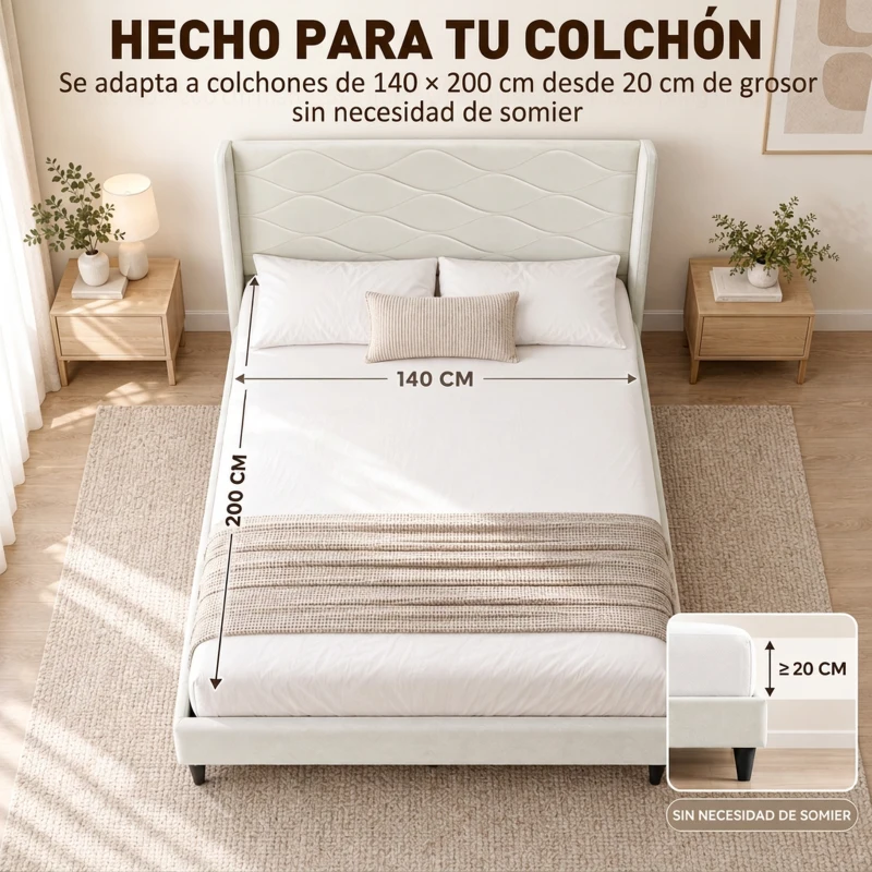 HOMCOM Cama Tapizada 140x200 cm con Cabecero Acolchado con Alas de Terciopelo Láminas de Madera Fácil Montaje Beige