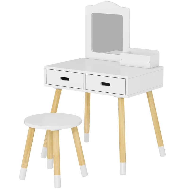 ZONEKIZ Set Toeletta per Bambini con Tavolo Trucco e Sgabello, Specchio e 2 Cassetti, Bianco e Colore Legno