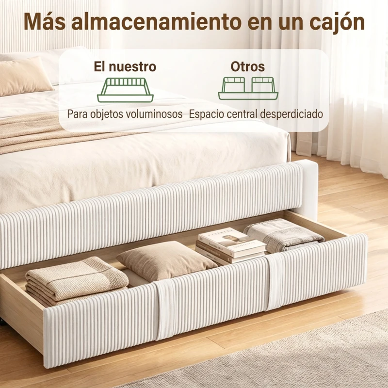 HOMCOM Cama Tapizada 140x200 cm con Cabecero Acolchado y Cajón Almacenaje Láminas de Madera Fácil Montaje Beige