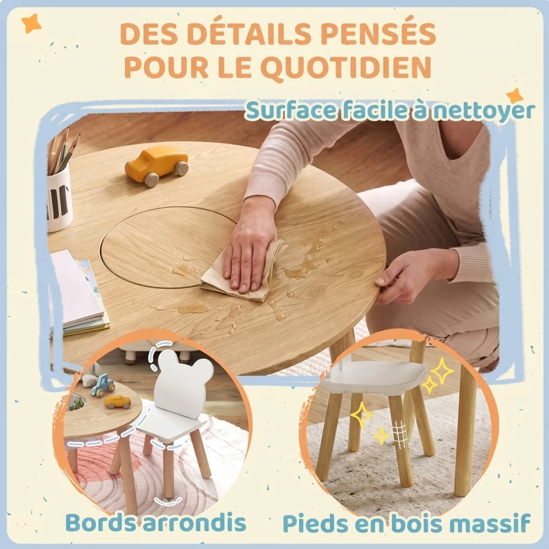 AIYAPLAY Ensemble 1 table ronde, 2 chaises pour enfant 3 pièces, dossier en forme d'ours, activités, bricolage, repas, 3-6 ans