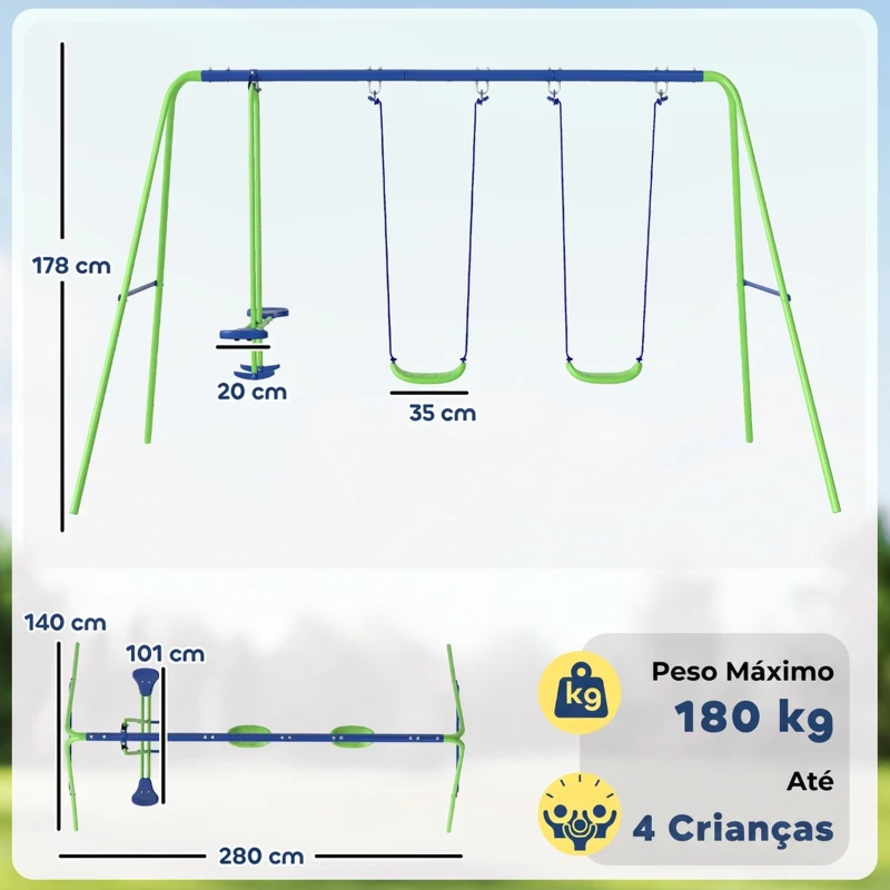 Outsunny Conjunto de Baloiços de Jardim com Altura Ajustável Baloiços para Crianças com Baloiço Duplo  280x140x178 cm Verde