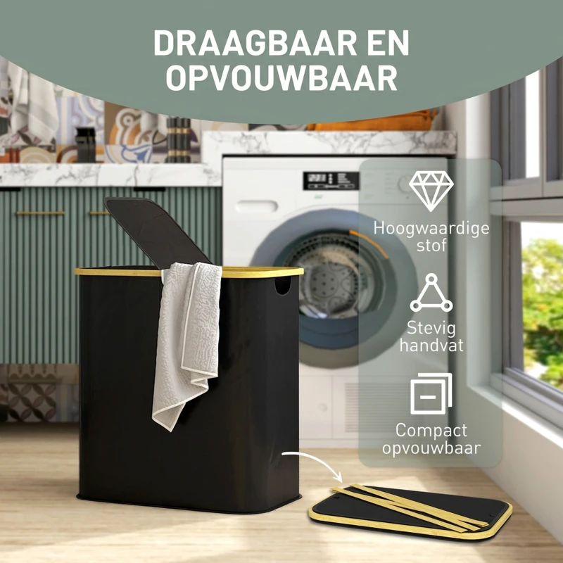 HOMCOM Dubbele wasmand met deksel, 80L opvouwbare wasverzamelaar met handgrepen