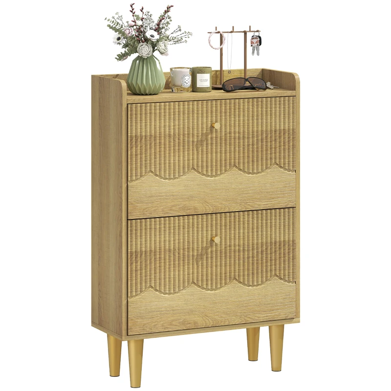 HOMCOM Meuble à chaussures 12 paires, armoire à chaussures étroite, 2 tiroirs rabattables étagères réglables, 60x24x92cm, chêne
