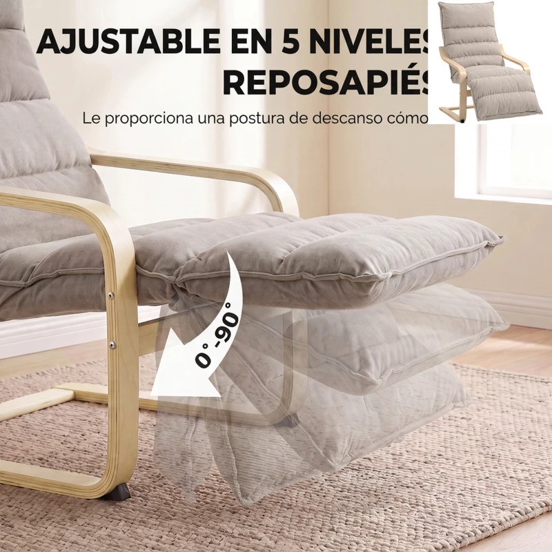 HOMCOM Butaca de Salón con Reposapiés Ajustable Tapizada en Terciopelo con Marco de Madera 67x93x105 cm Marrón Claro