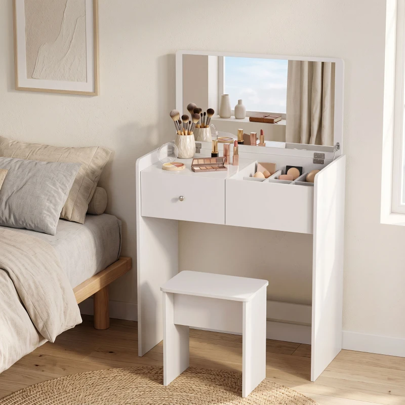 HOMCOM Vanity Desk with Mirror Dressing Table Drawer Set 6 Compartments Storage Stool White