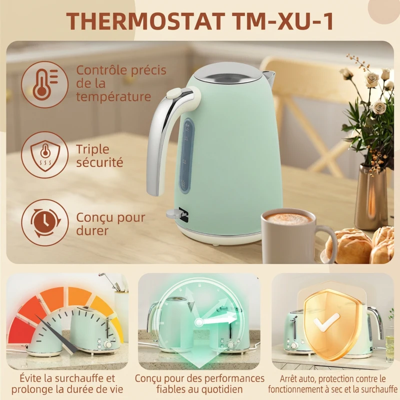 HOMCOM Ensemble bouilloire et grille-pain, bouilloire en acier inoxydable 1,7 L et 2200 W et grille-pain à 2 tranches, vert