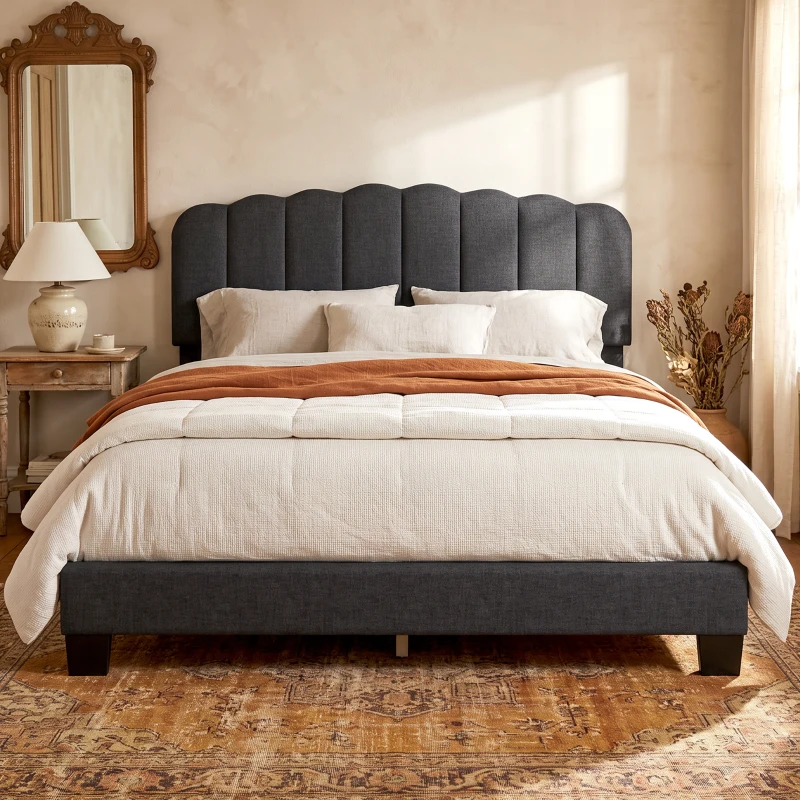 HOMCOM Cama Tapizada Doble 160x200 cm con Cabecero Acolchado Ajustable Láminas de Madera Fácil Montaje Gris Oscuro
