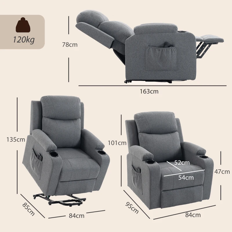 HOMCOM Riser Recliner Chair with Massage and Heat, Linen Electric Lift Armchair for Elderly with Spring Cushion, Dark Grey