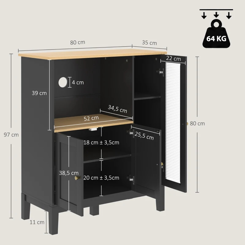 HOMCOM Mueble armario microondas para cocina con 1 nicho, 3 puertas pasacables 80 x 35 x 97 cm negro y aspecto madera
